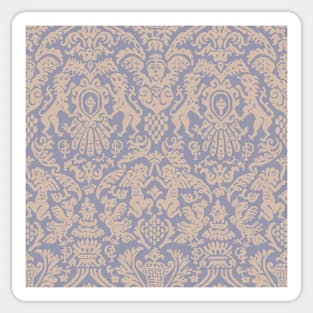 Sand on Cool Gray Weird Medieval Lions, Cherubs, and Skulls Scrollwork Damask Sticker